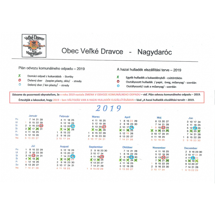 Plán odvozu komunálneho odpadu - 2019